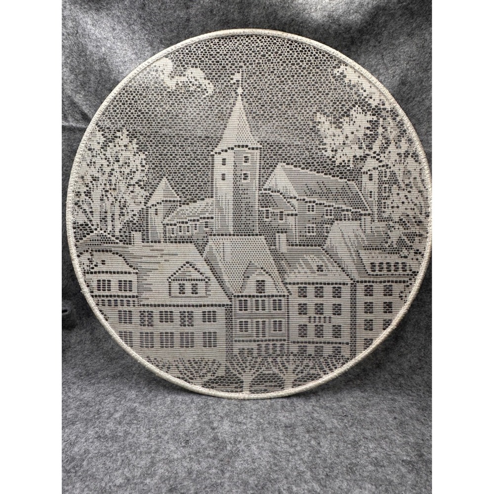 Vintage Round Lace Doily Pictorial European Village Scene Cream 11 Inch